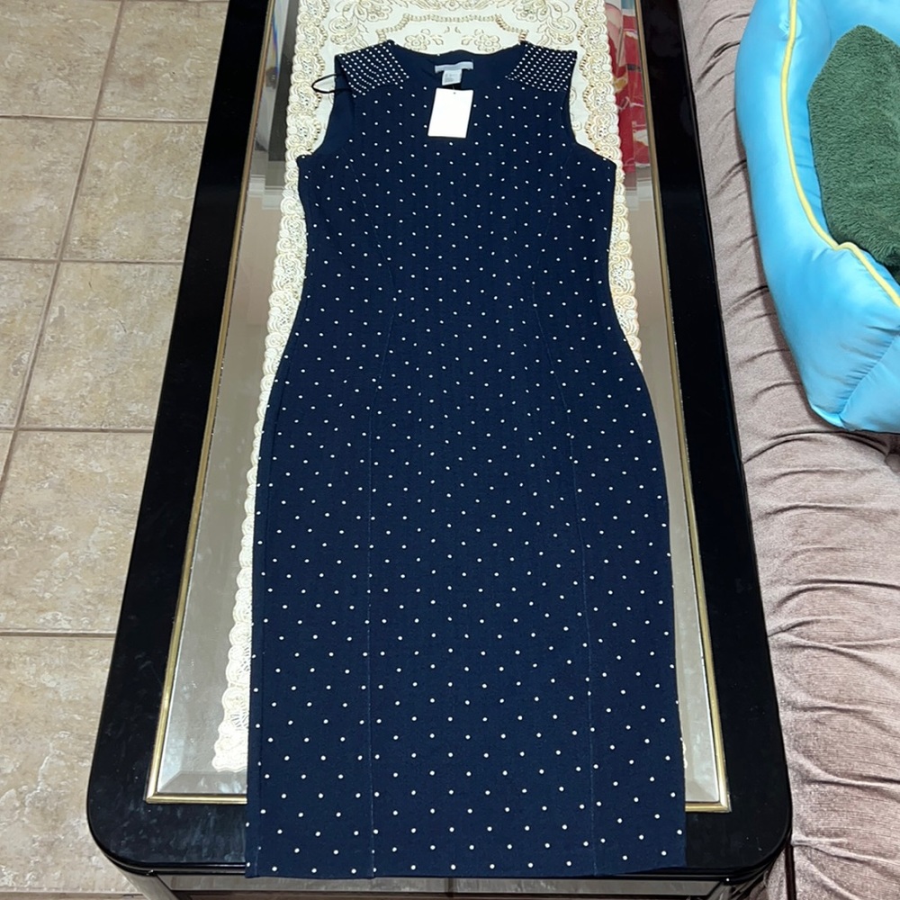 H&M midi navy blue sleeveless bodycon dress with white polka dots